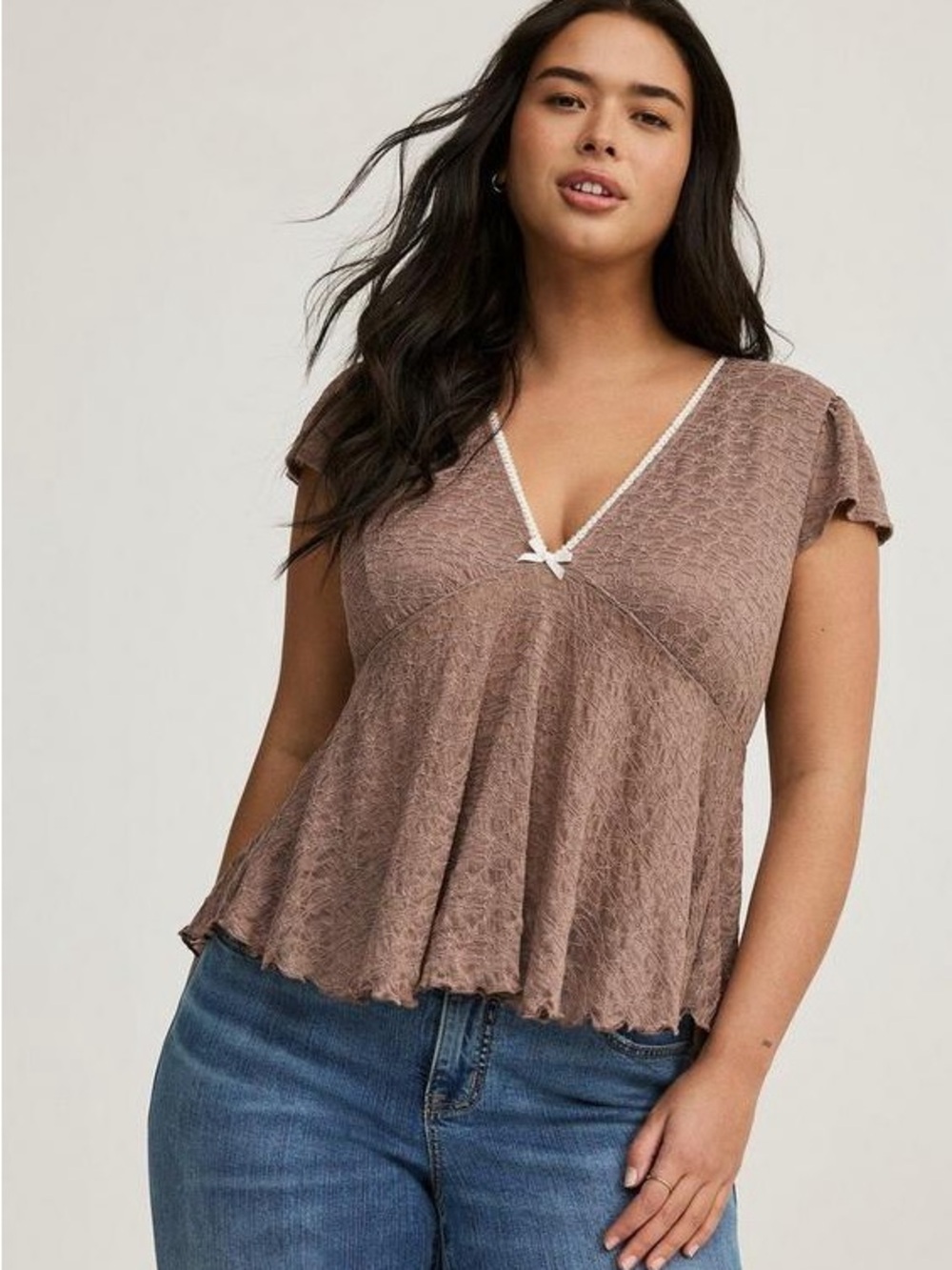 Torrid 1X Cocoa Brown Stretch Lace Babydoll Top V Neck Coquette NWT